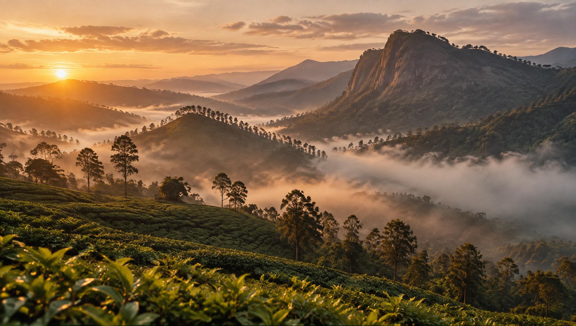 Misty tea highlands of Sri Lanka at golden hour